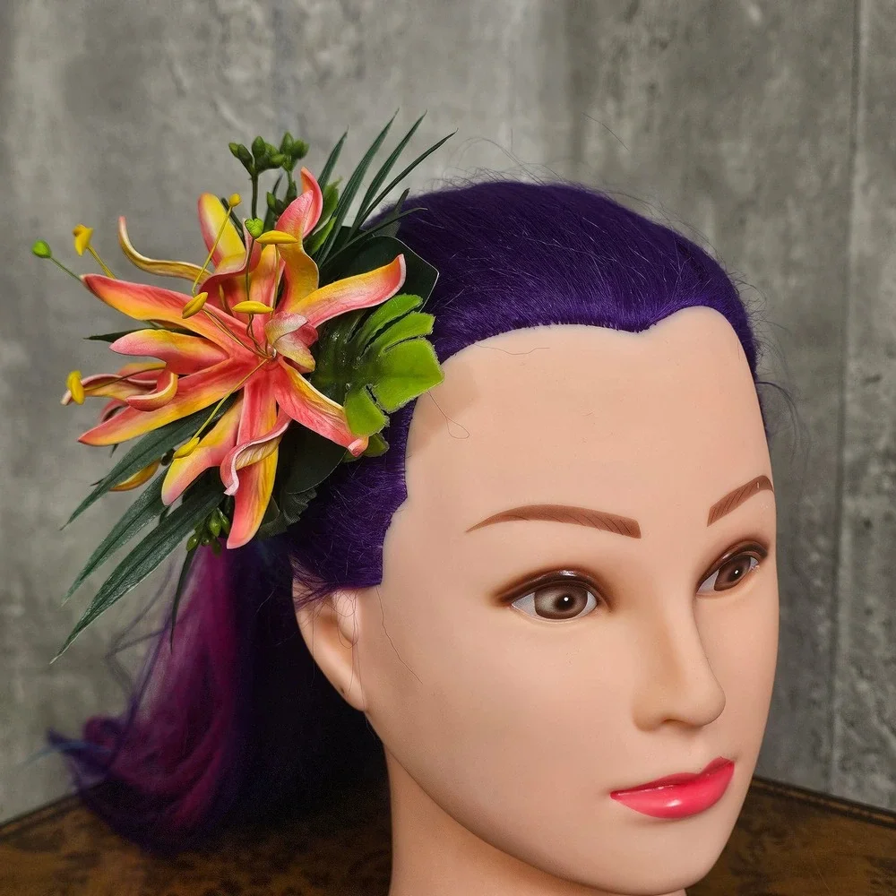 Red Yellow Tropical Lily Hair Flower Clip Rockabilly‎ Tiki Pinup VLV Burlesque